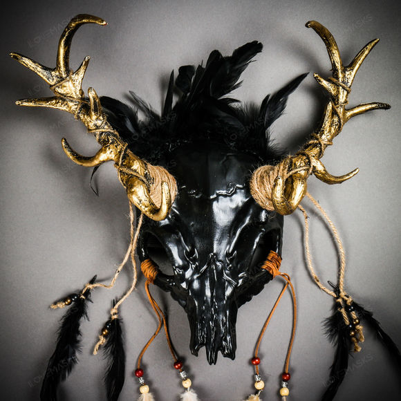 Antelope Devil Gold Deer Horn Skull Ghost Feather Masquerade Mask - Black - Picture 3 of 10
